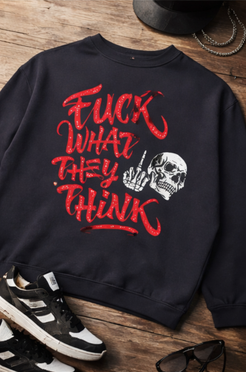 Retro Noise Crewneck Sweatshirt — “Fuck What They Think” Skull Graphic