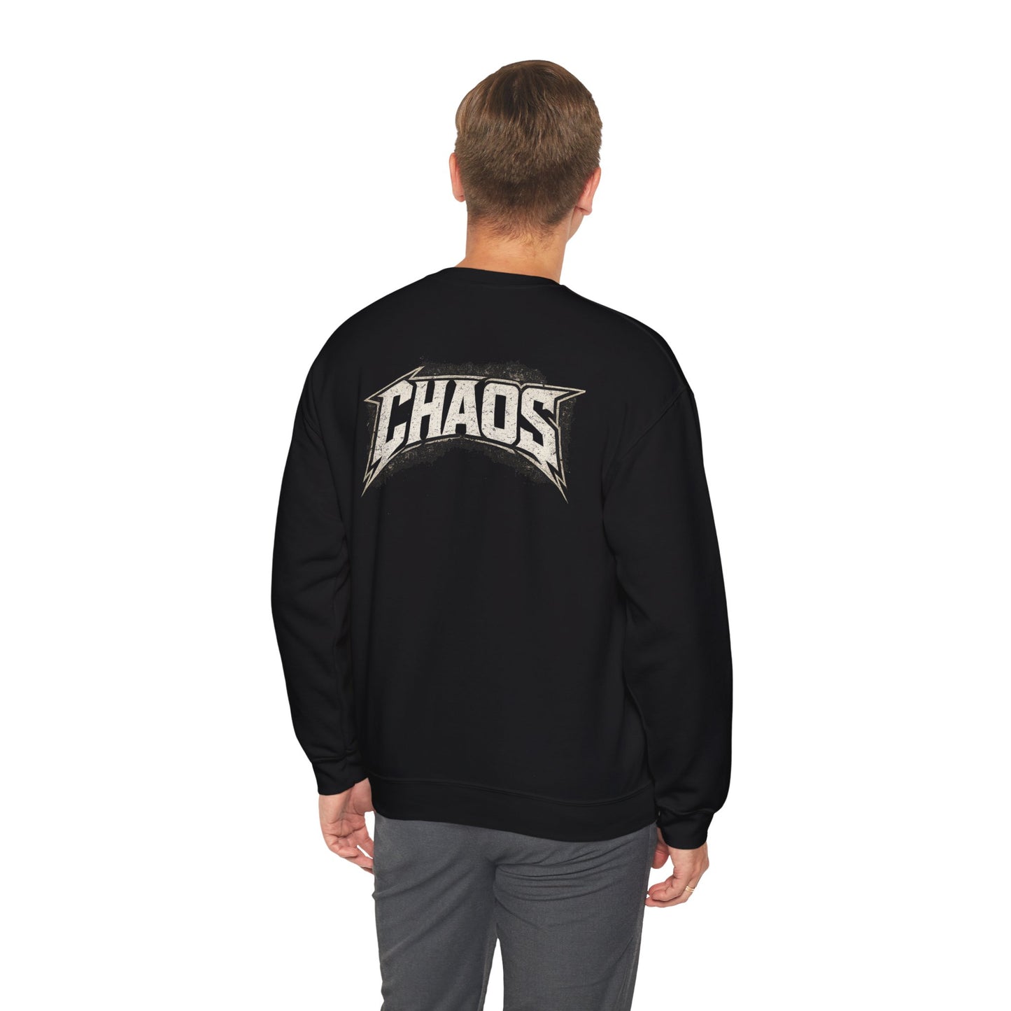 Chaos Graphic Sweatshirt — Bold Distressed Back Print Crewneck