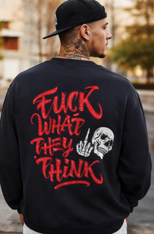Retro Noise Crewneck Sweatshirt — “Fuck What They Think” Skull Graphic