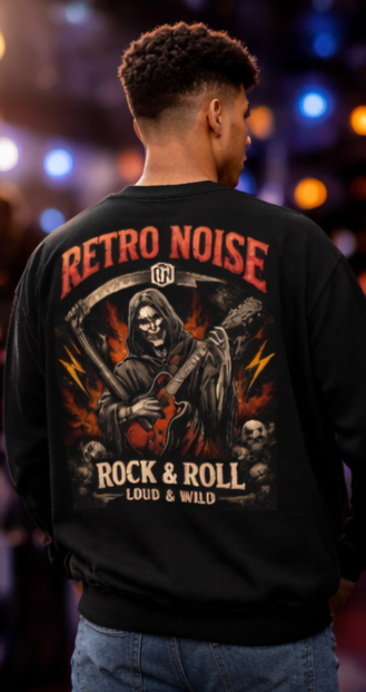 Retro Noise Rock & Roll Crewneck Sweatshirt — Gothic Guitar Skeleton Design