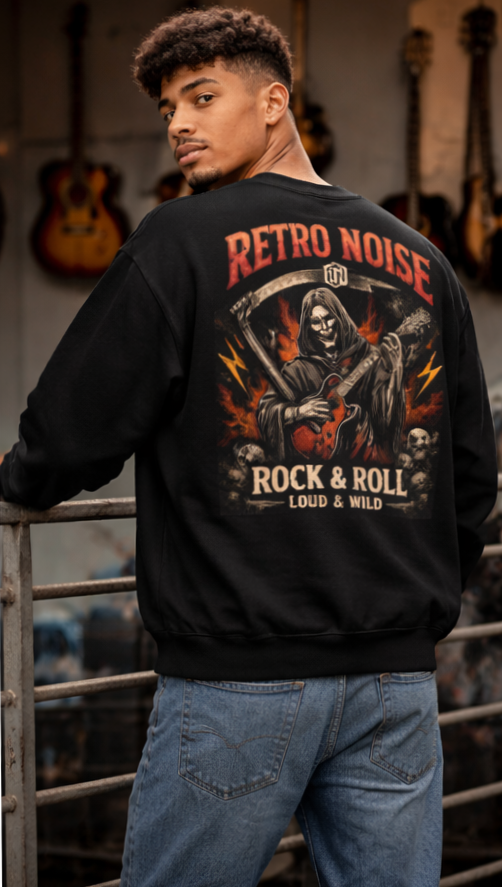 Retro Noise Rock & Roll Crewneck Sweatshirt — Gothic Guitar Skeleton Design