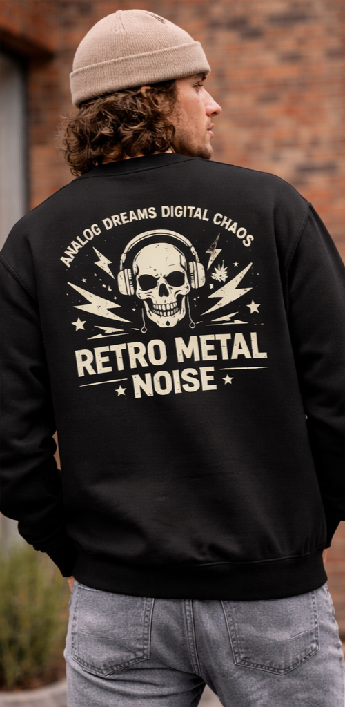 Retro Metal Noise Crewneck Sweatshirt — Skull Headphones Vintage Rock Band Pullover