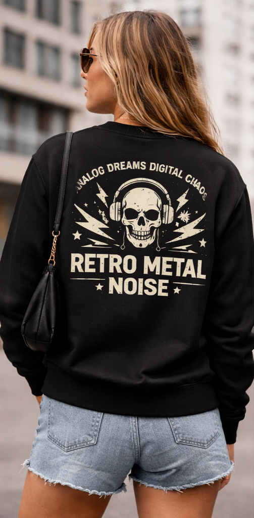 Retro Metal Noise Crewneck Sweatshirt — Skull Headphones Vintage Rock Band Pullover