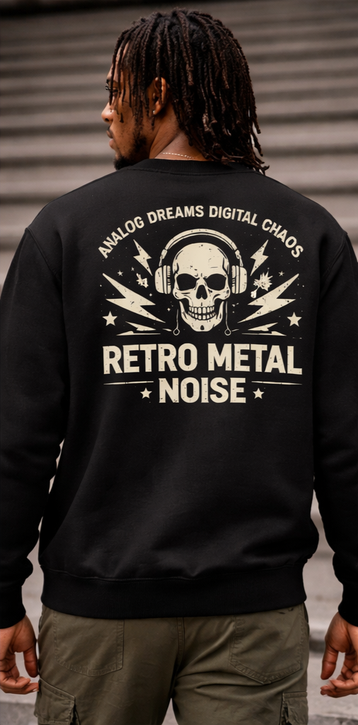 Retro Metal Noise Crewneck Sweatshirt — Skull Headphones Vintage Rock Band Pullover