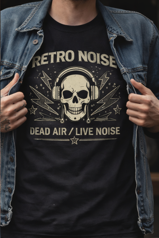 Retro Noise Skull T-Shirt — "Dead Air / Live Noise" Vintage Rock Tee