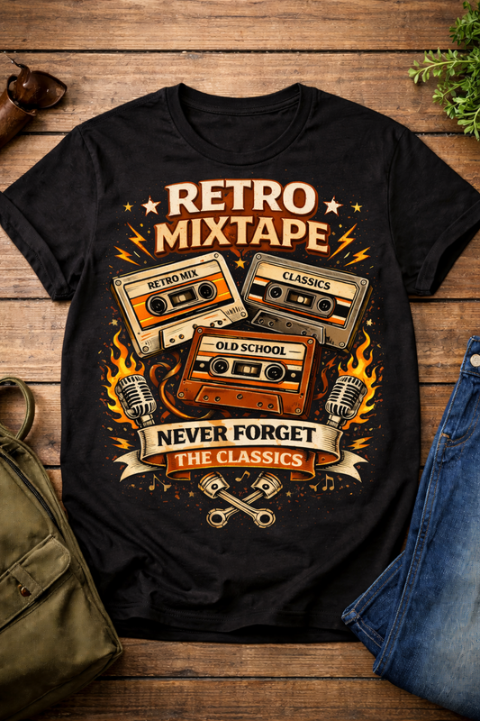 Retro Mixtape T-Shirt — 'Never Forget the Classics' Vintage Cassette Tee