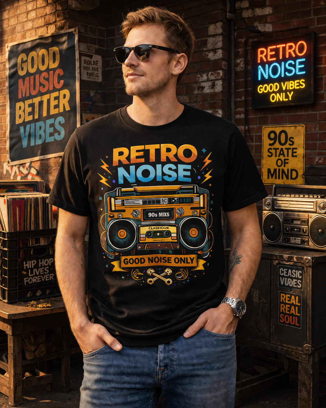 Retro Noise Boombox T-Shirt — "Good Noise Only" Vintage 80s Music Tee