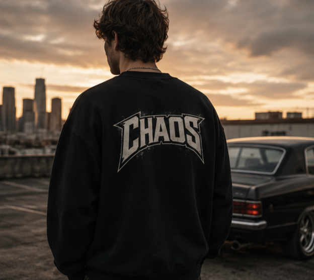 Chaos Graphic Sweatshirt — Bold Distressed Back Print Crewneck